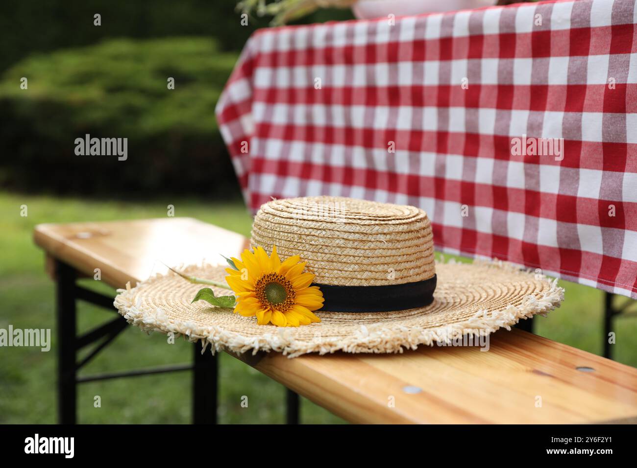 Straw hat on the wooden bench hi-res stock photography and images - Alamy