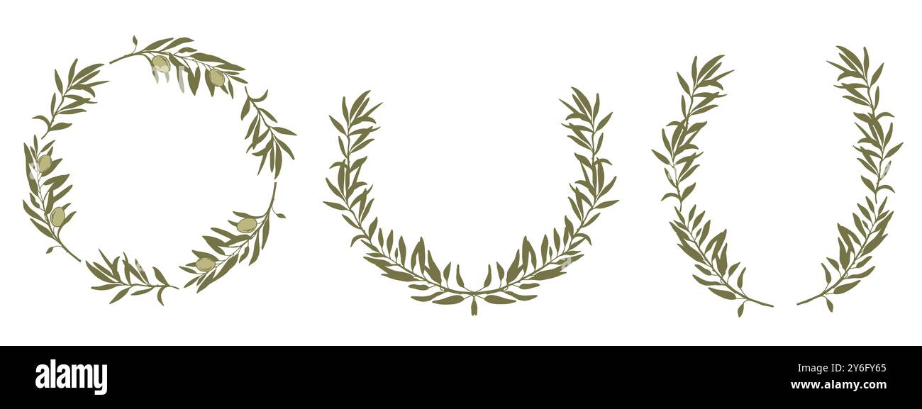 Set of Olive Wreaths. Hand drawn colored Vector isolated Botanical illustration. Can be used for cards, emblem, logos and food design. Stock Vector