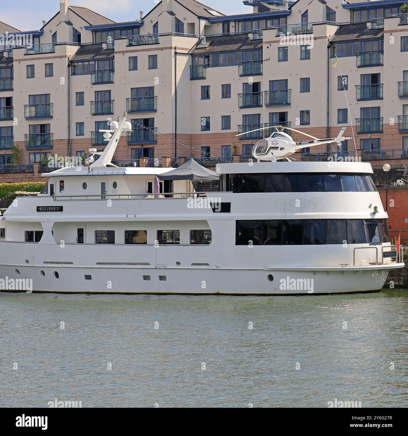 Small helicopter and helipad on board a boat (The Miss Conduct) Bristol ...