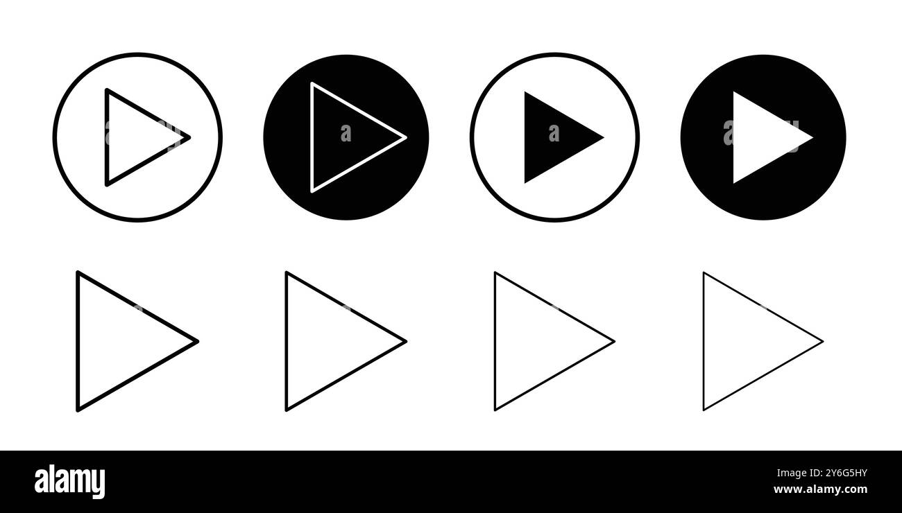Play button icon set in thin line outline style and linear vector sign ...