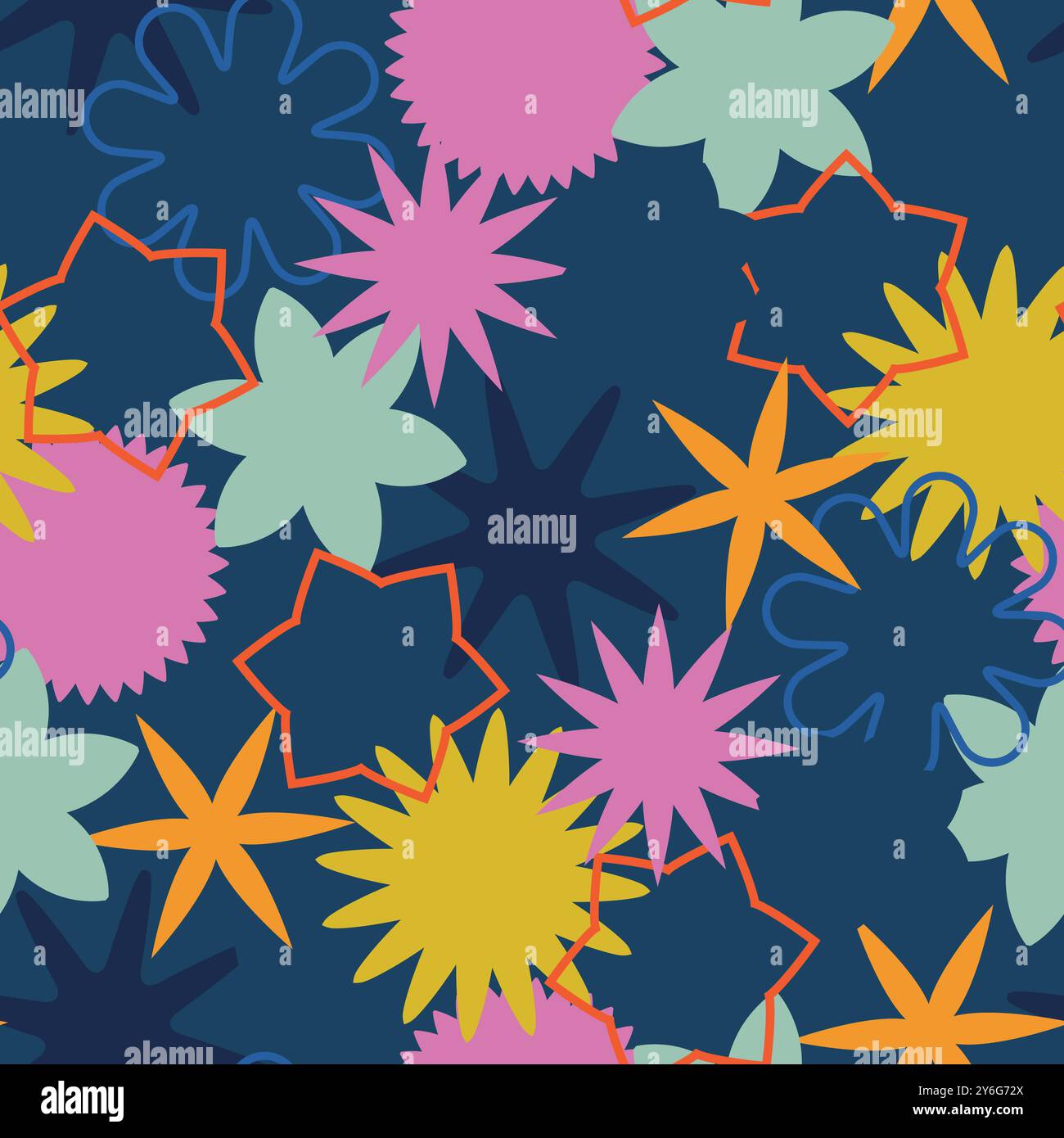 A Colorful Abstract Seamless Pattern Featuring Various Shapes Set Against a Dark Background Stock Vector