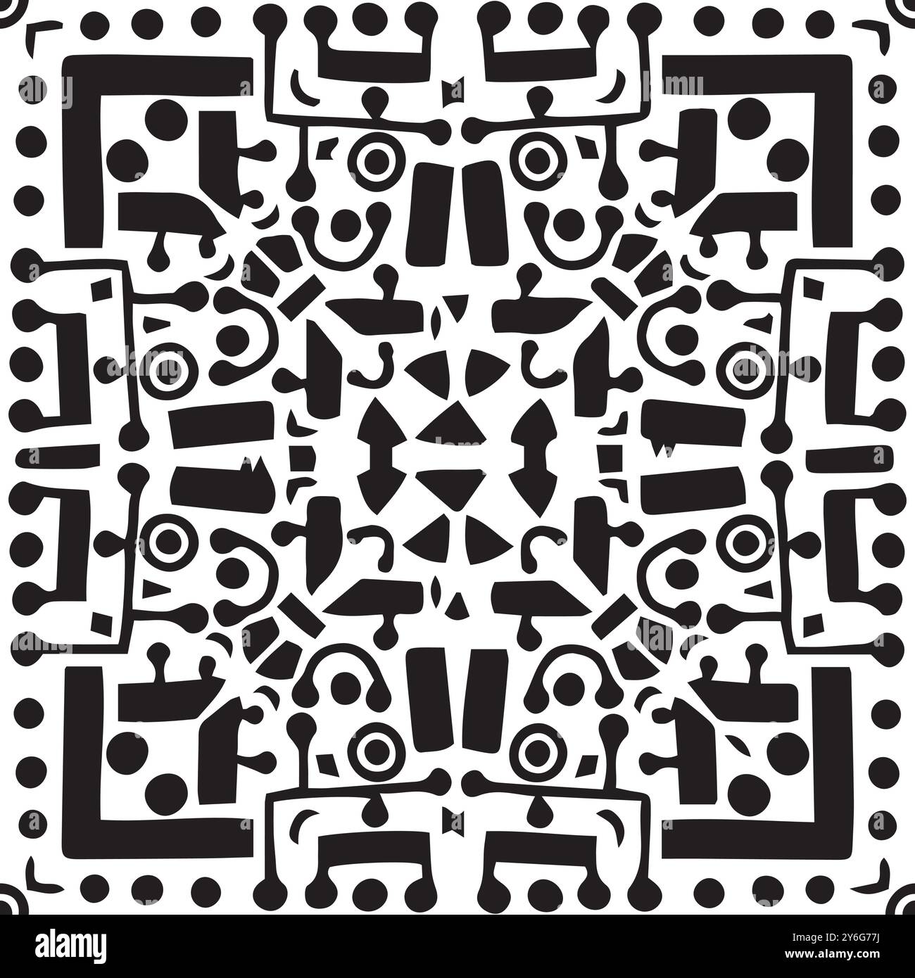 Monochrome black white symmetrical repeat tribal seamless pattern. Hand drawn vector abstract ink endless background artwork that can be used for Stock Vector