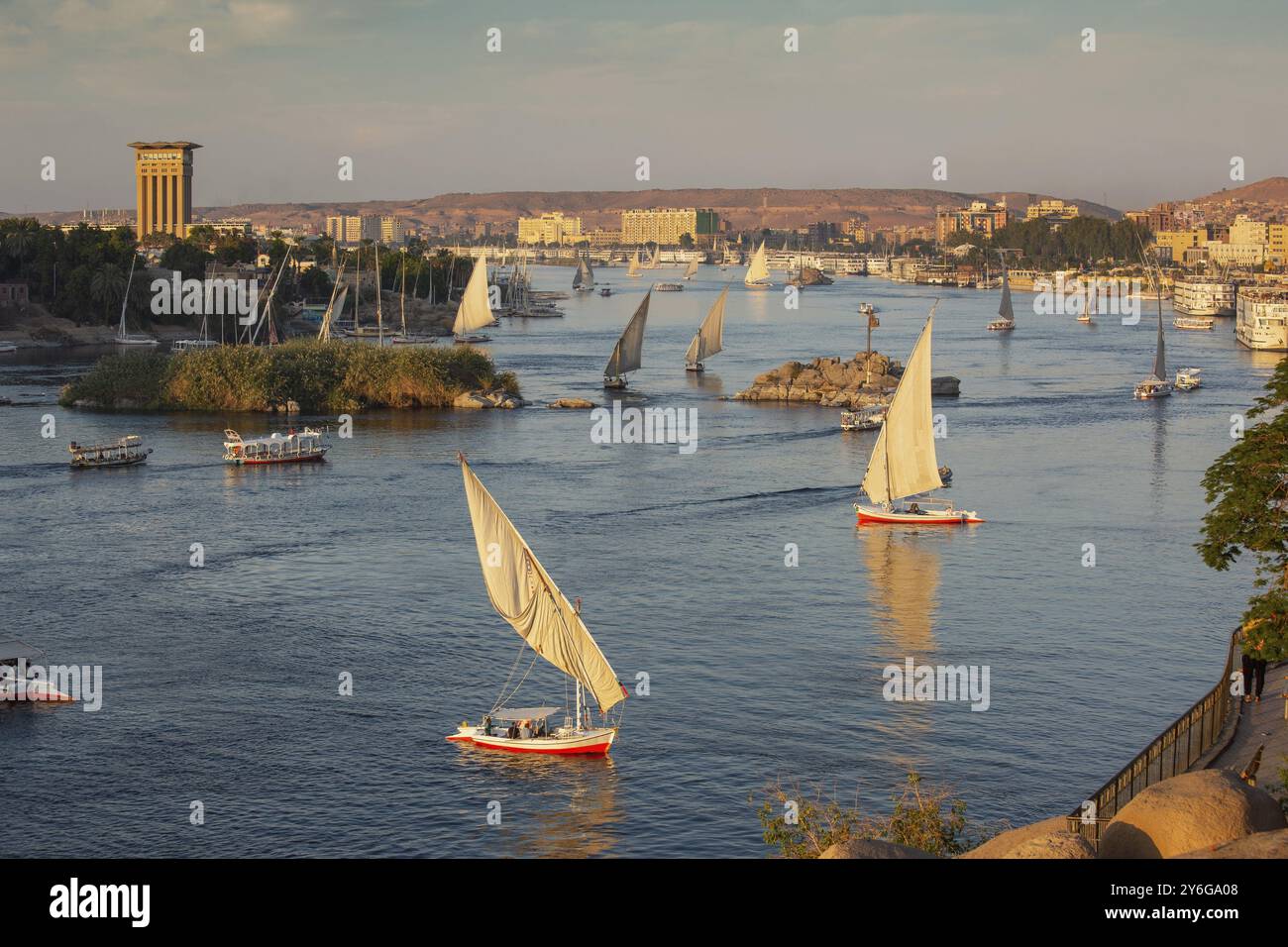 Beautiful panorama landscape with felucca boats on Nile river in Aswan ...