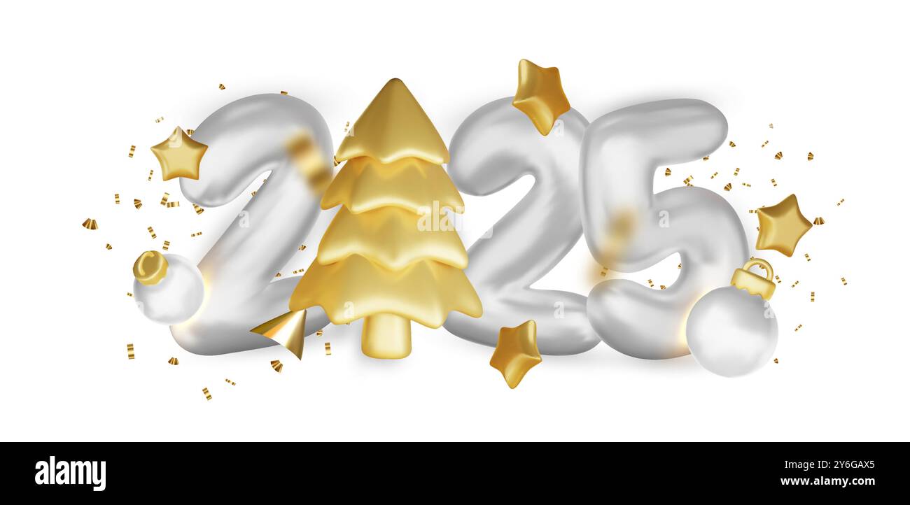 Realistic 2025 white numbers and festive confetti on light background. Vector holiday