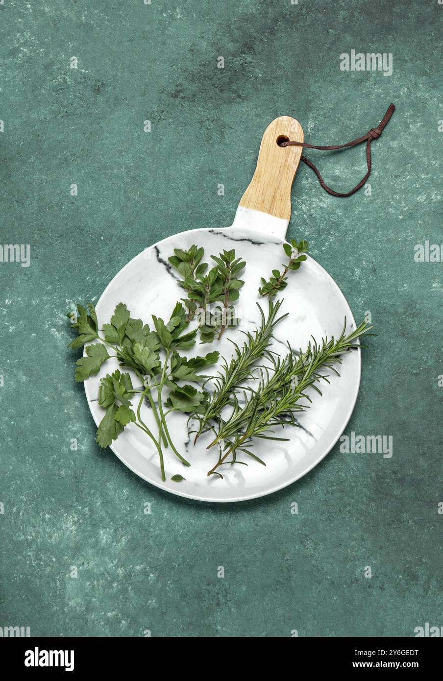 Food, Fresh herbs on white, green background. Top view Stock Photo