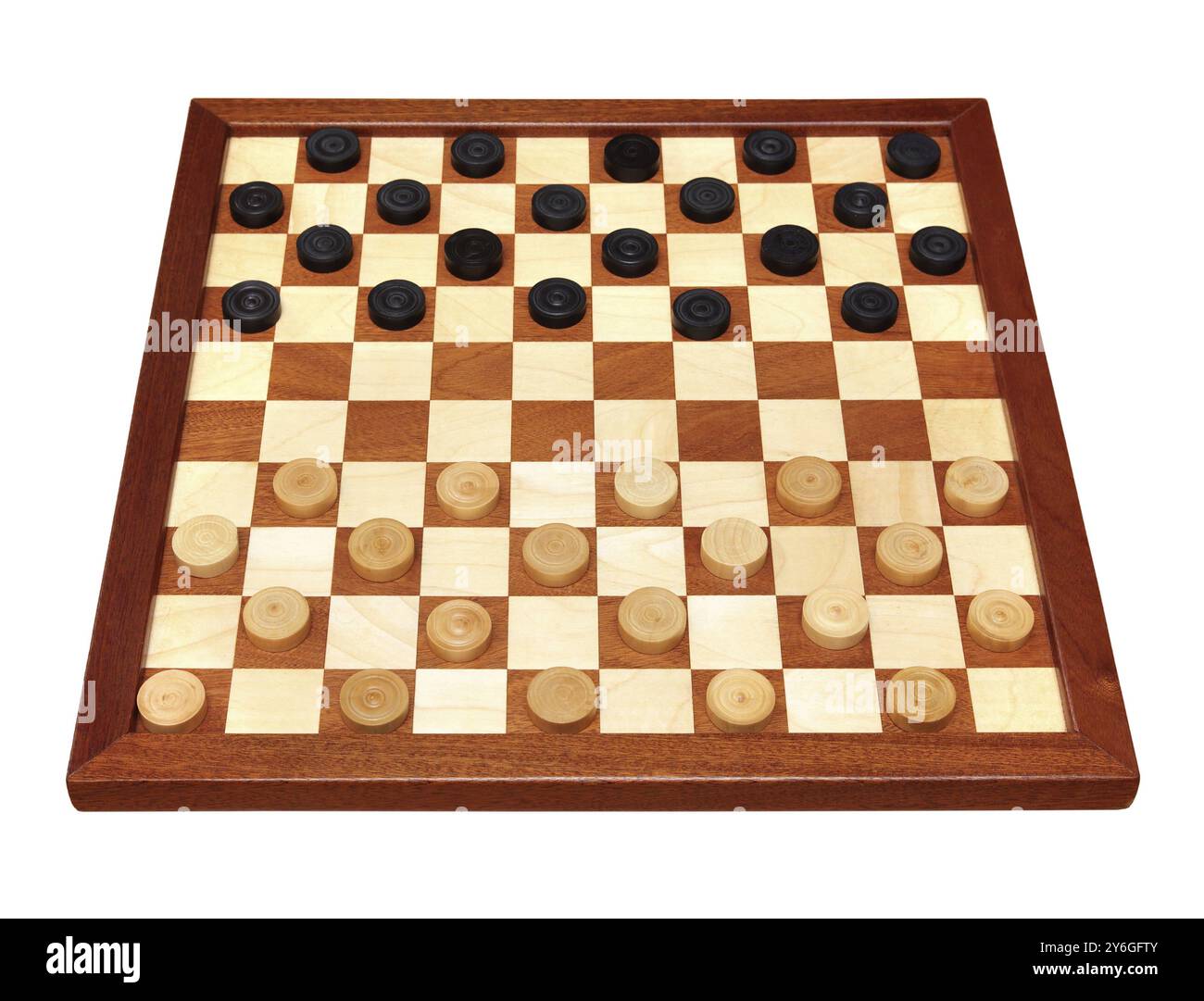 Wooden checkerboard with checkers spaced isolated on white Stock Photo ...
