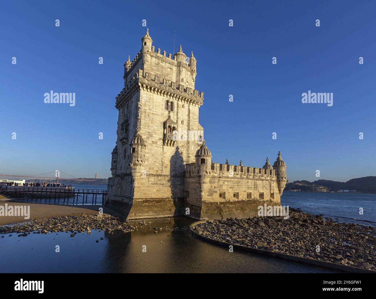 Belem Tower and Tagus River at sunset, Lisbon, Portugal, Europe Stock Photo