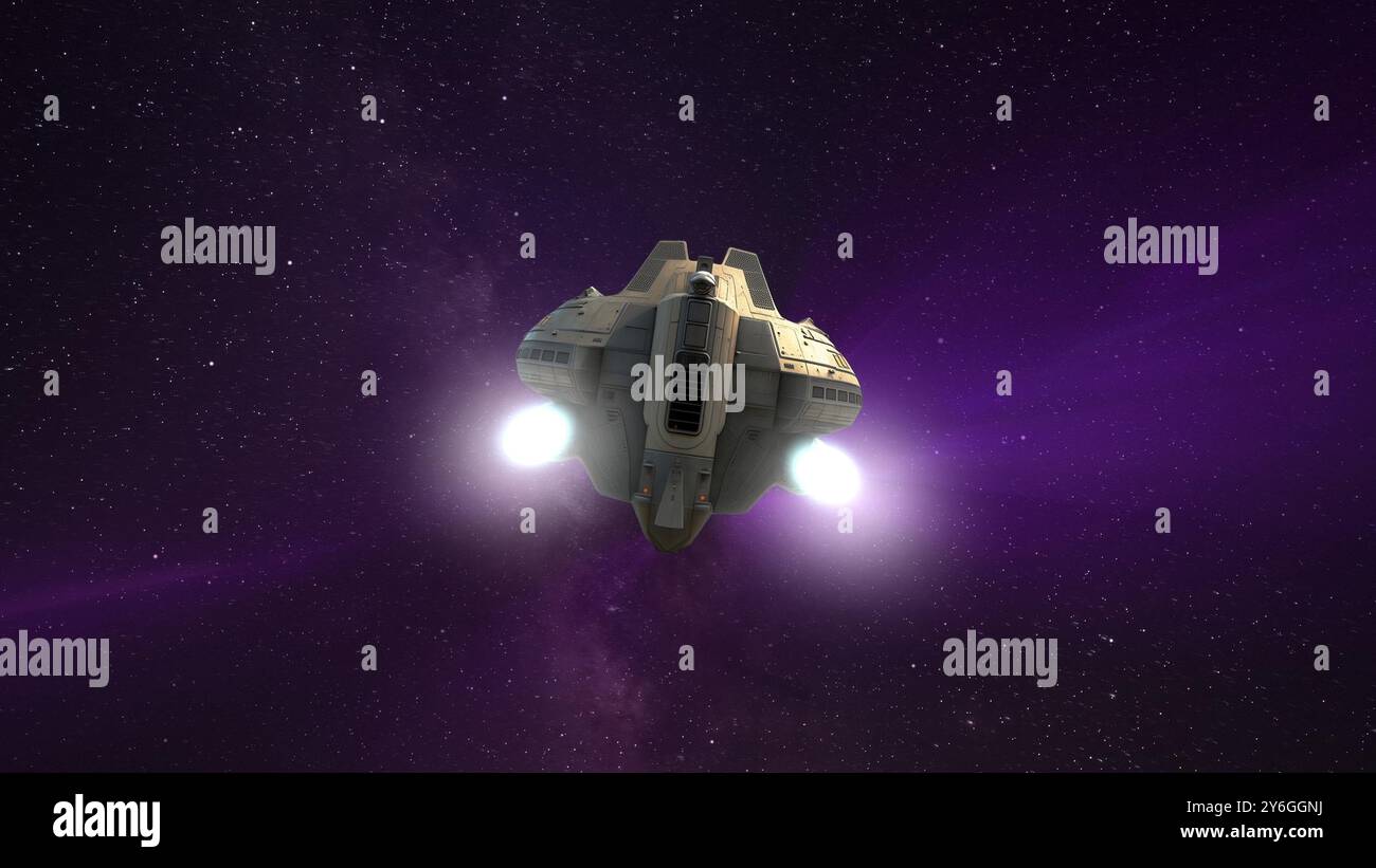 Spaceship flies in open space among stars and galaxies. Space travel ...