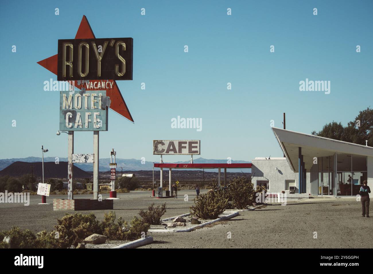 Amboy, California, November 2013: Famous Roy's cafe and gas station alongside classic Route 66 Stock Photo