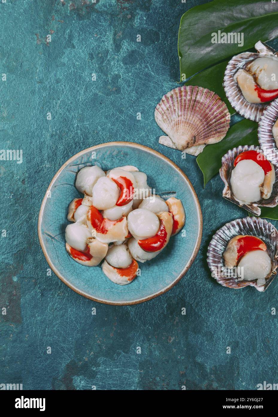 Food, Raw fresh seafood shellfish scallops on blue background Stock ...