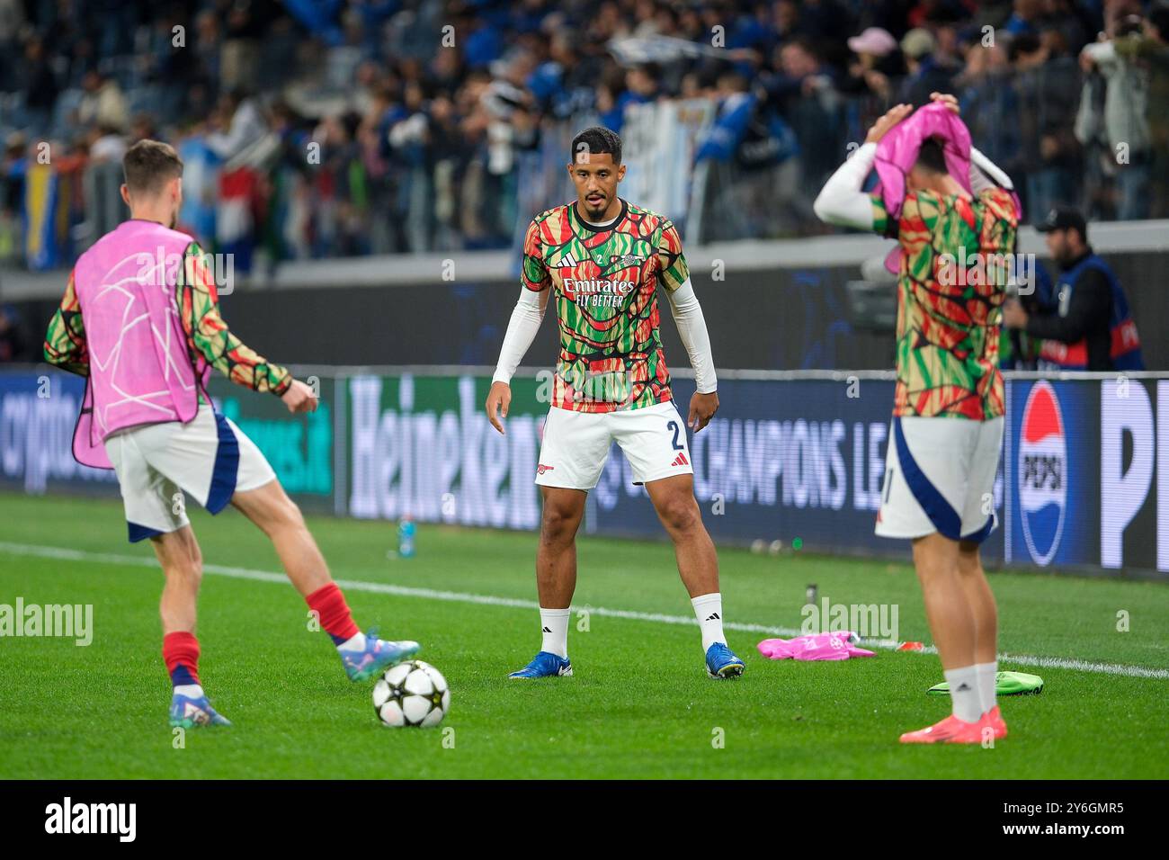William Saliba of FC Arsenal during the warm-up of UEFA Champions League 2024/2025 - League Phase MD1 football match between Atalanta BC and Arsenal F Stock Photo