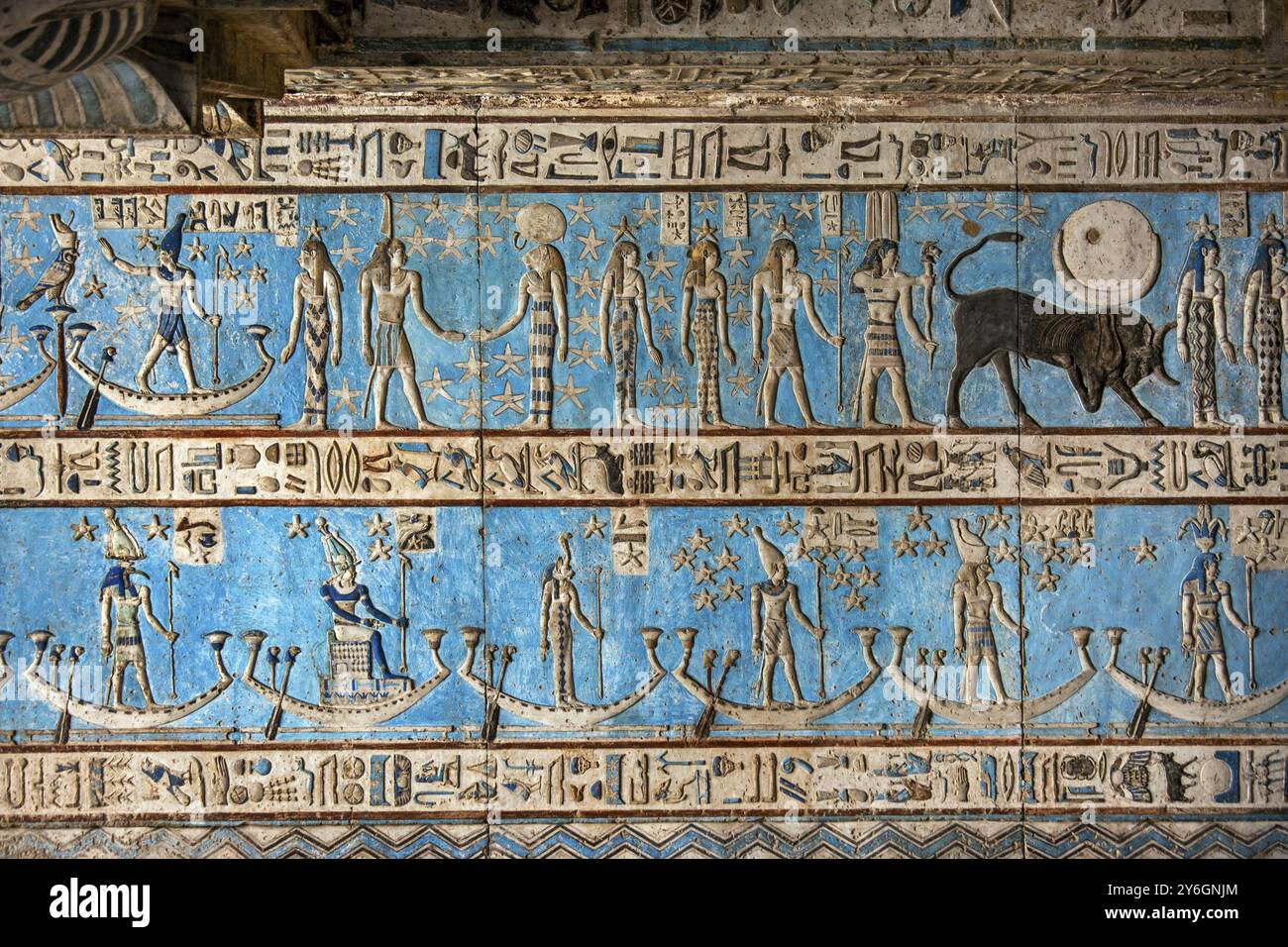 Hieroglyphic carvings and paintings on the interior walls of an ancient egyptian temple Stock Photo