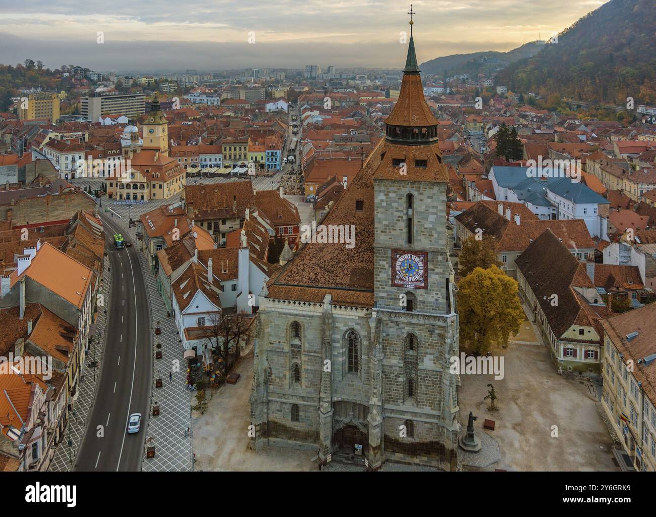 Aerial view of Brasov old town with Black Church and Piata Sfatului ...