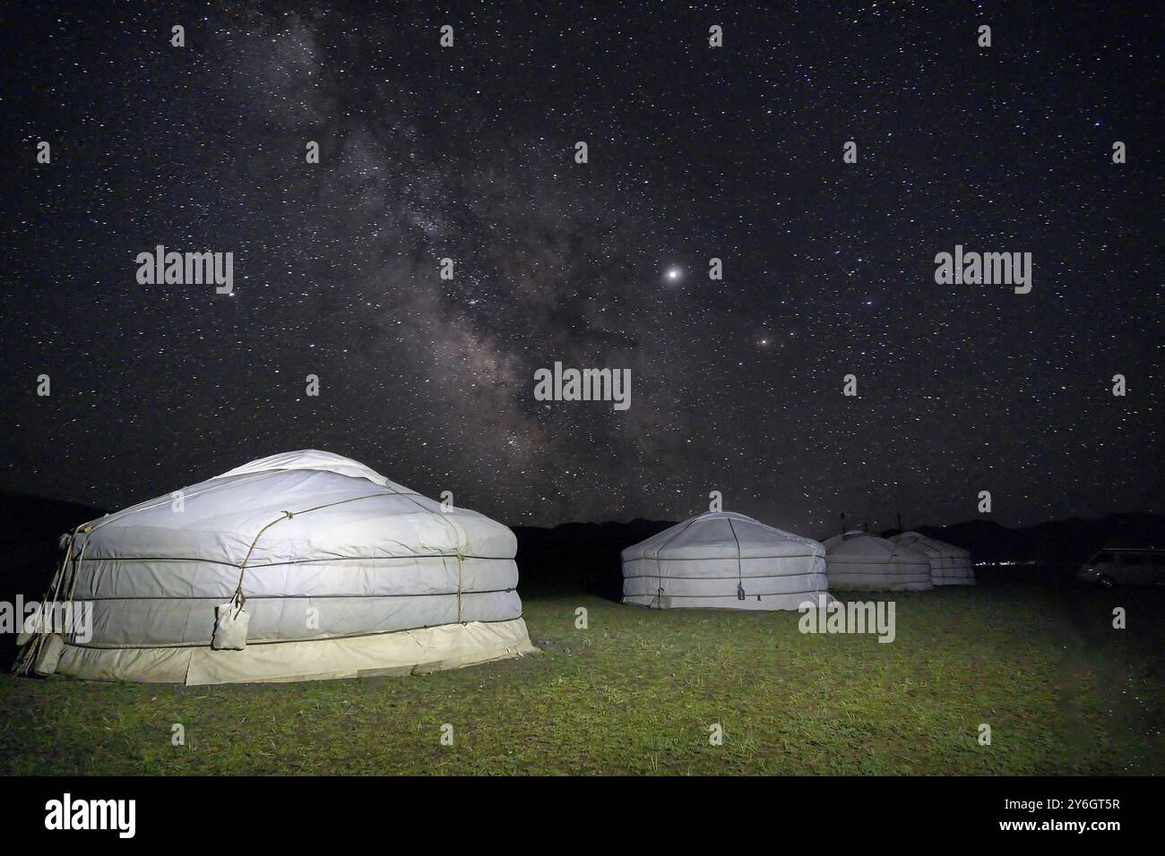 Milky way in the sky at night in Mongol desert at a ger tent camp Stock ...