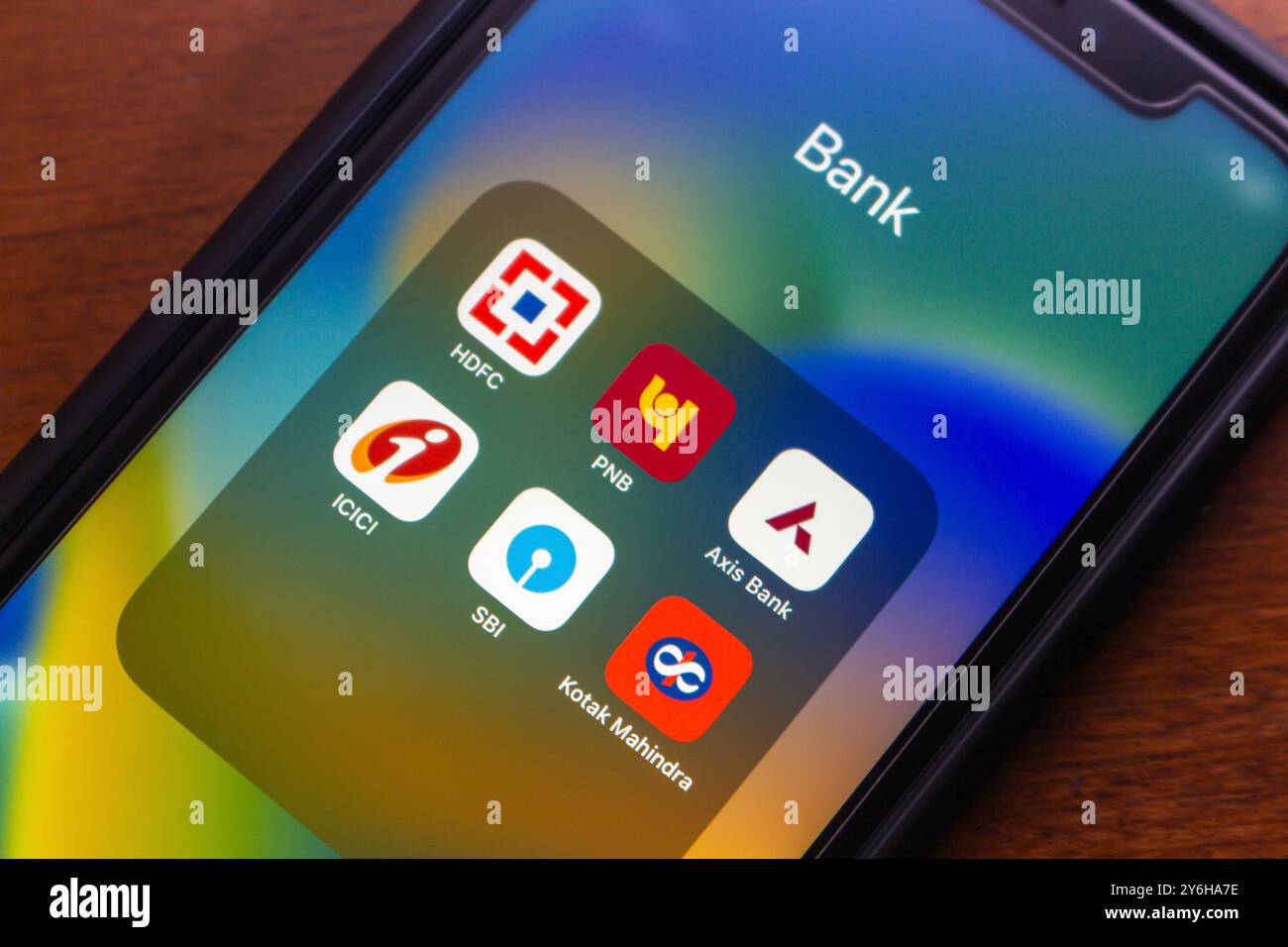 Vancouver, CANADA - Sep 9 2024 : HDFC, PNB, Axis Bank, ICIC, SBI and Kotak Mahindra icons are displayed on an iPhone screen. Indian bank concept image Stock Photo