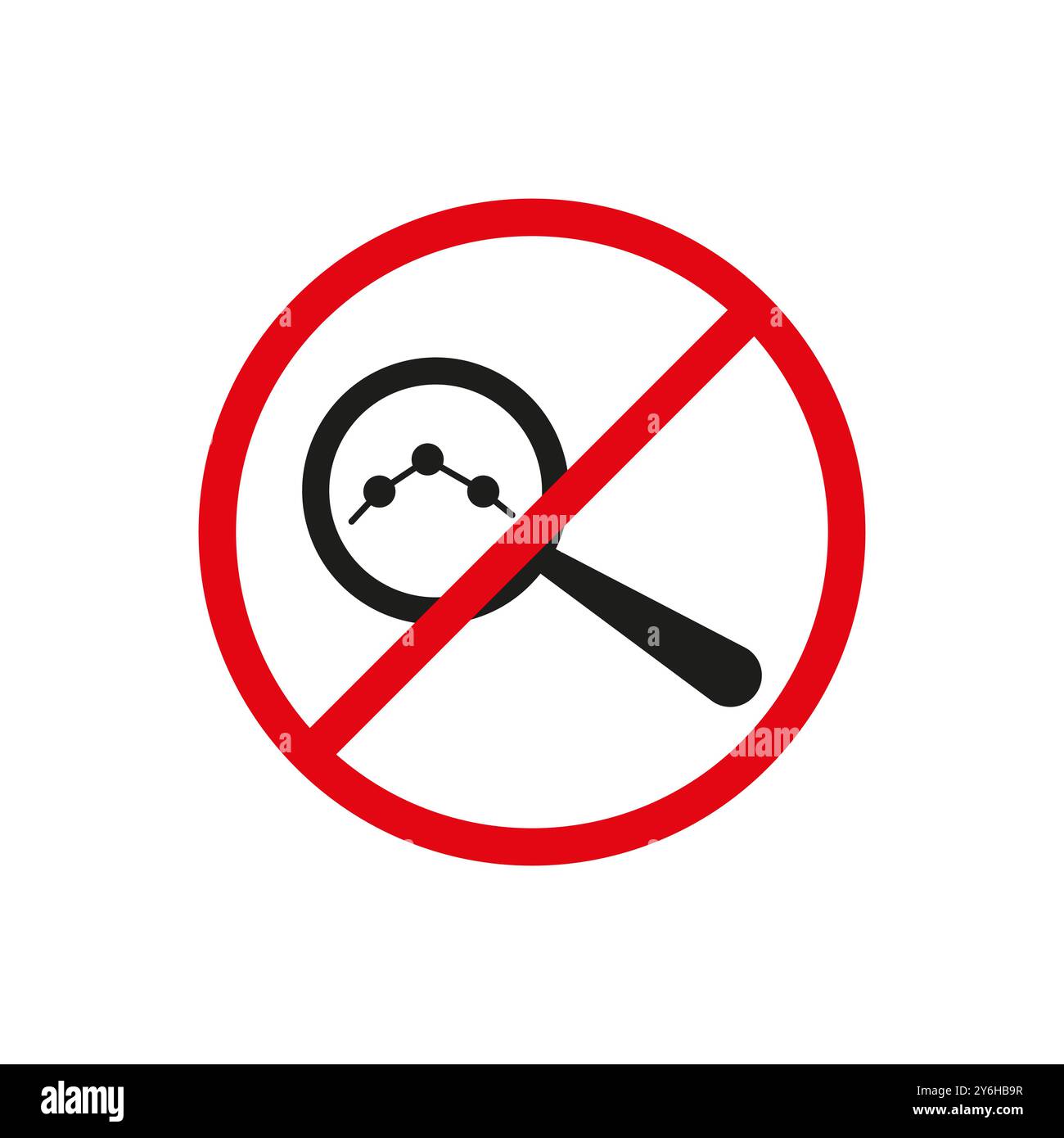 No analytics icon. Prohibited magnifying glass. Red forbidden circle. Data analysis symbol. Stock Vector