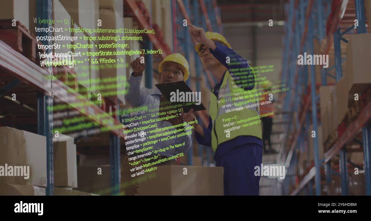 Image of data processing over diverse male workers in warehouse Stock Photo