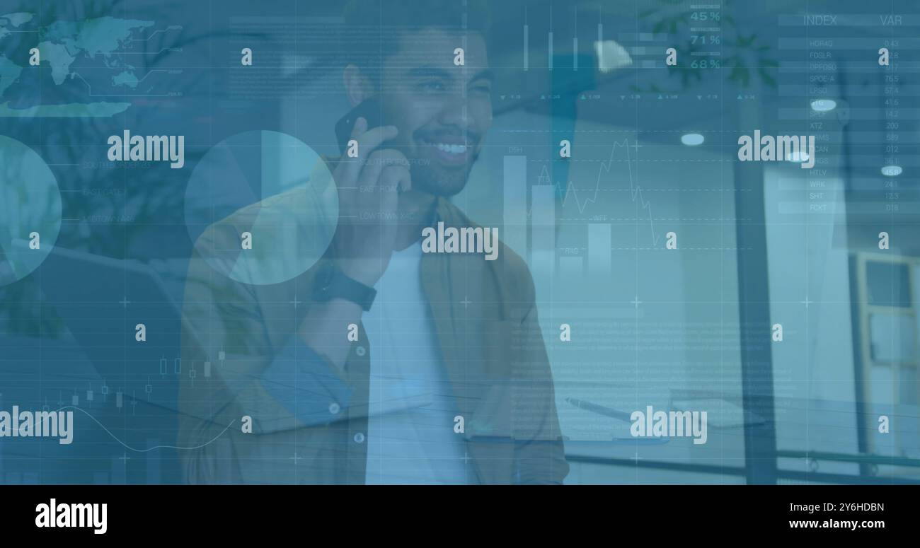 Image of diagrams and data processing over biracial businessman using smartphone Stock Photo