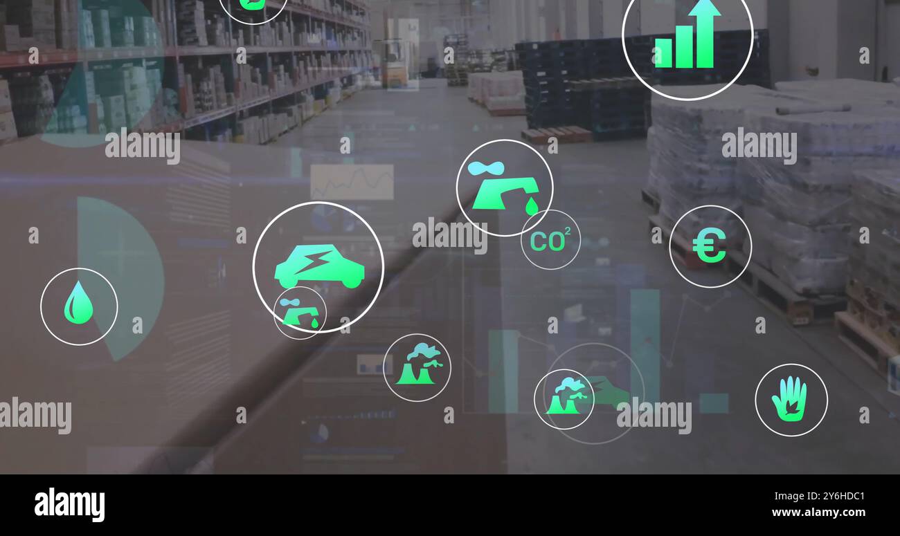 Image of ecology icons and data processing over warehouse Stock Photo