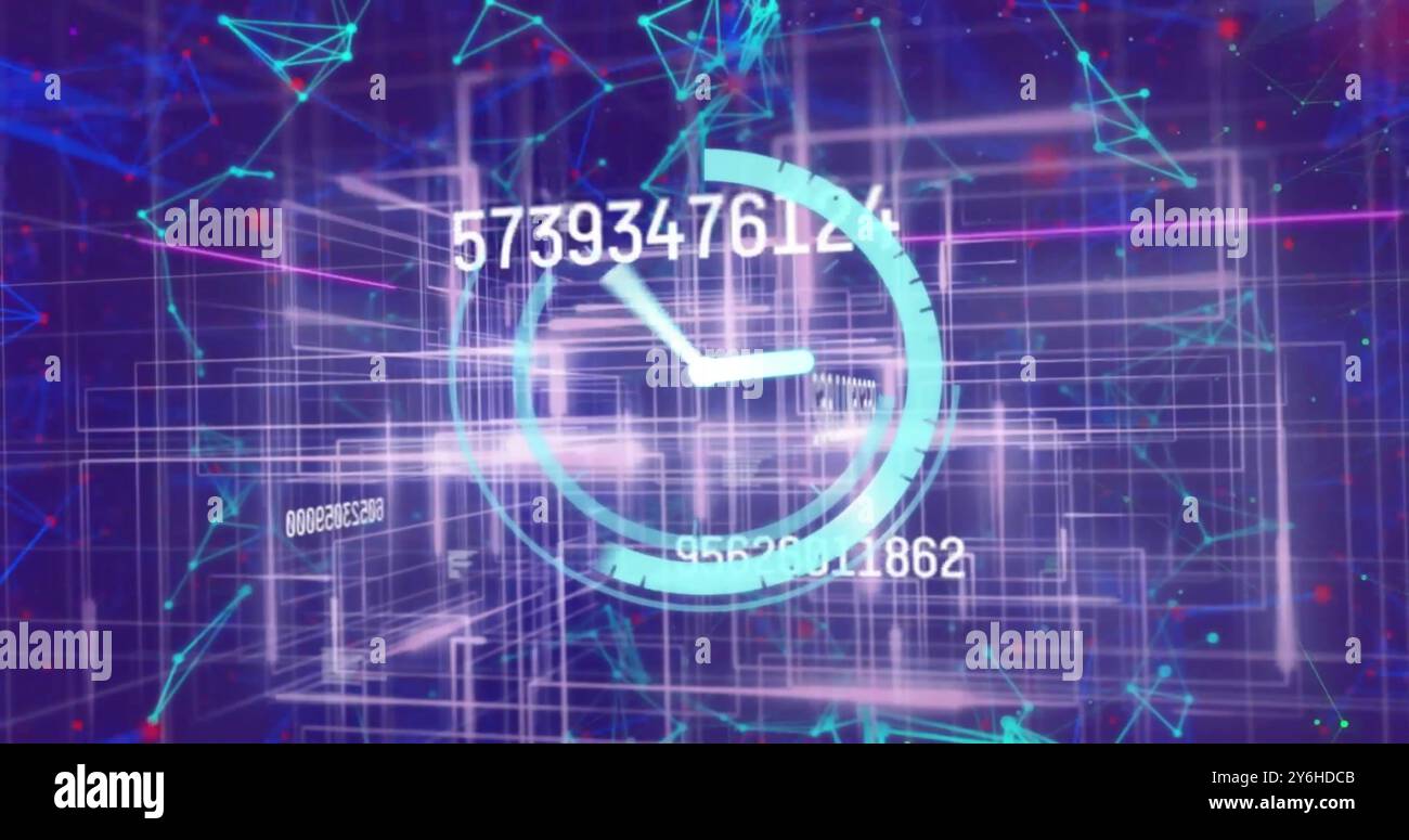 Image of clock ticking and data processing over glowing light trails Stock Photo