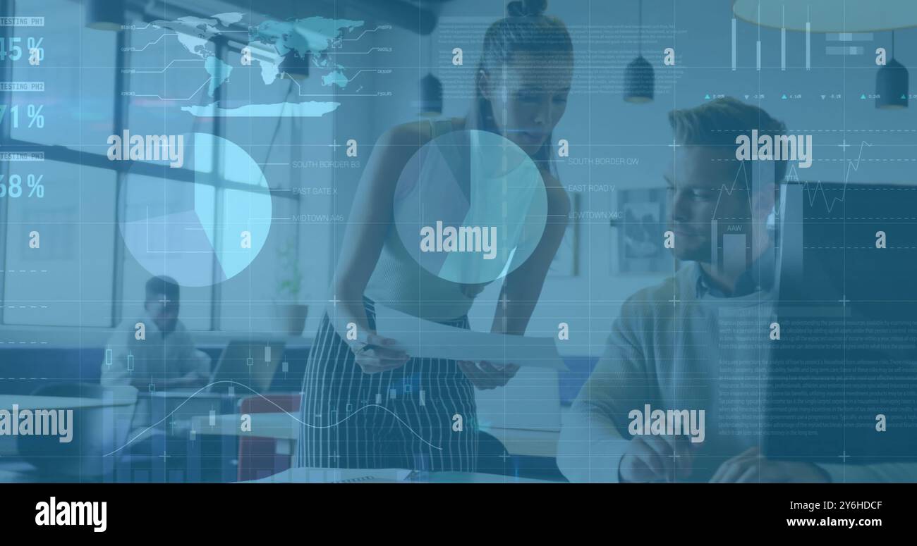 Image of diagrams and data processing over diverse colleagues discussing work Stock Photo