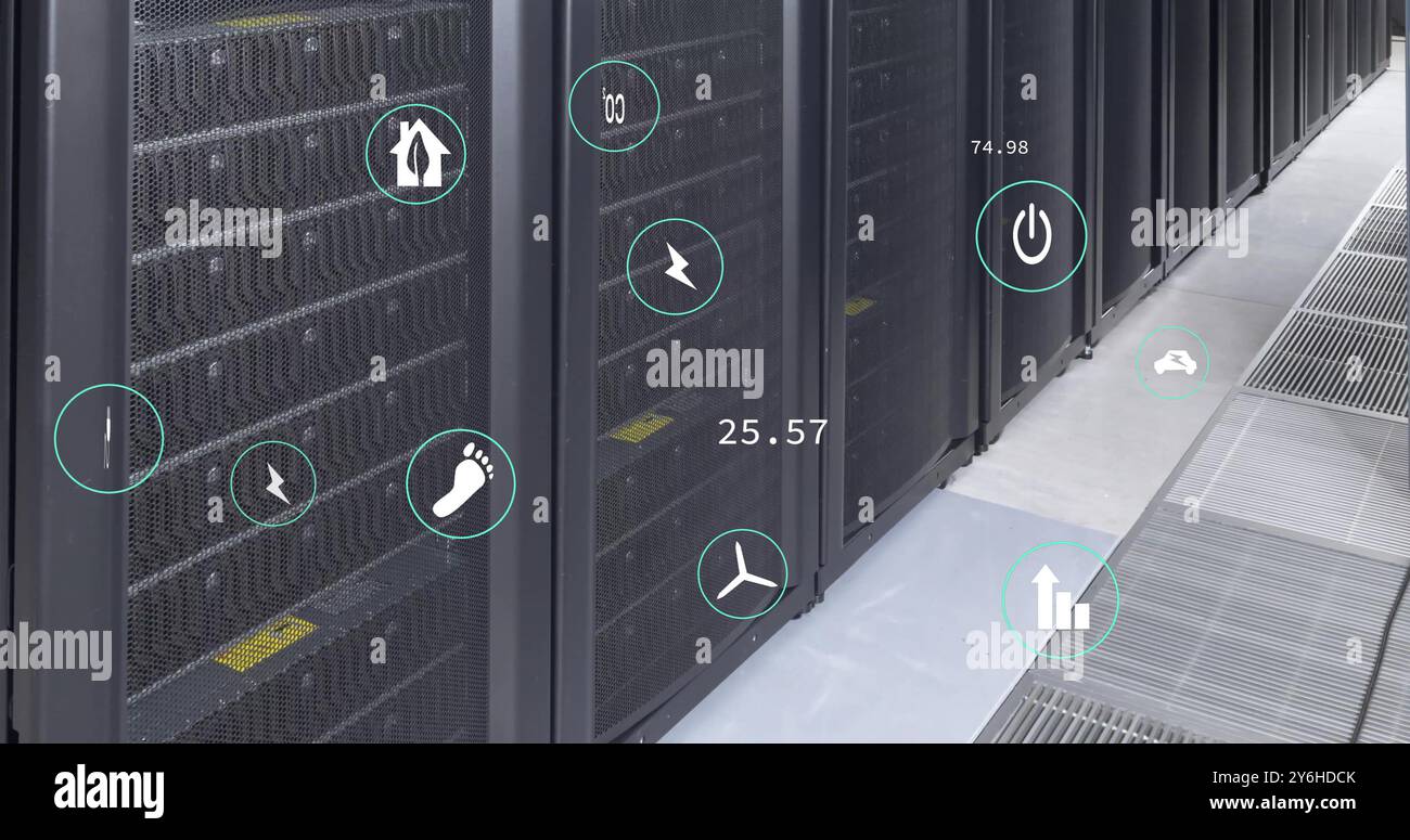 Image of ecology icons and data processing over server room Stock Photo