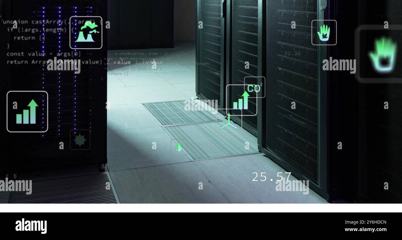 Image of ecology icons and data processing over server room Stock Photo