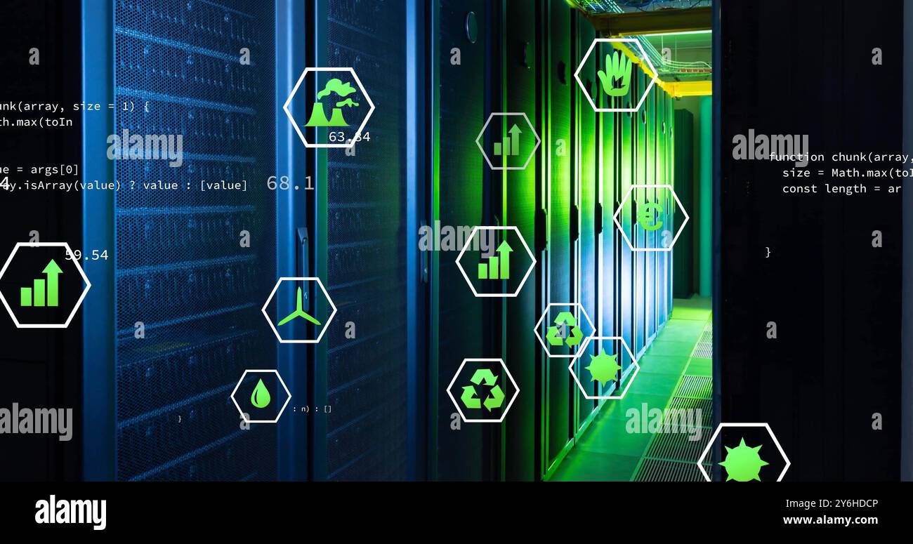 Image of ecology icons and data processing over server room Stock Photo