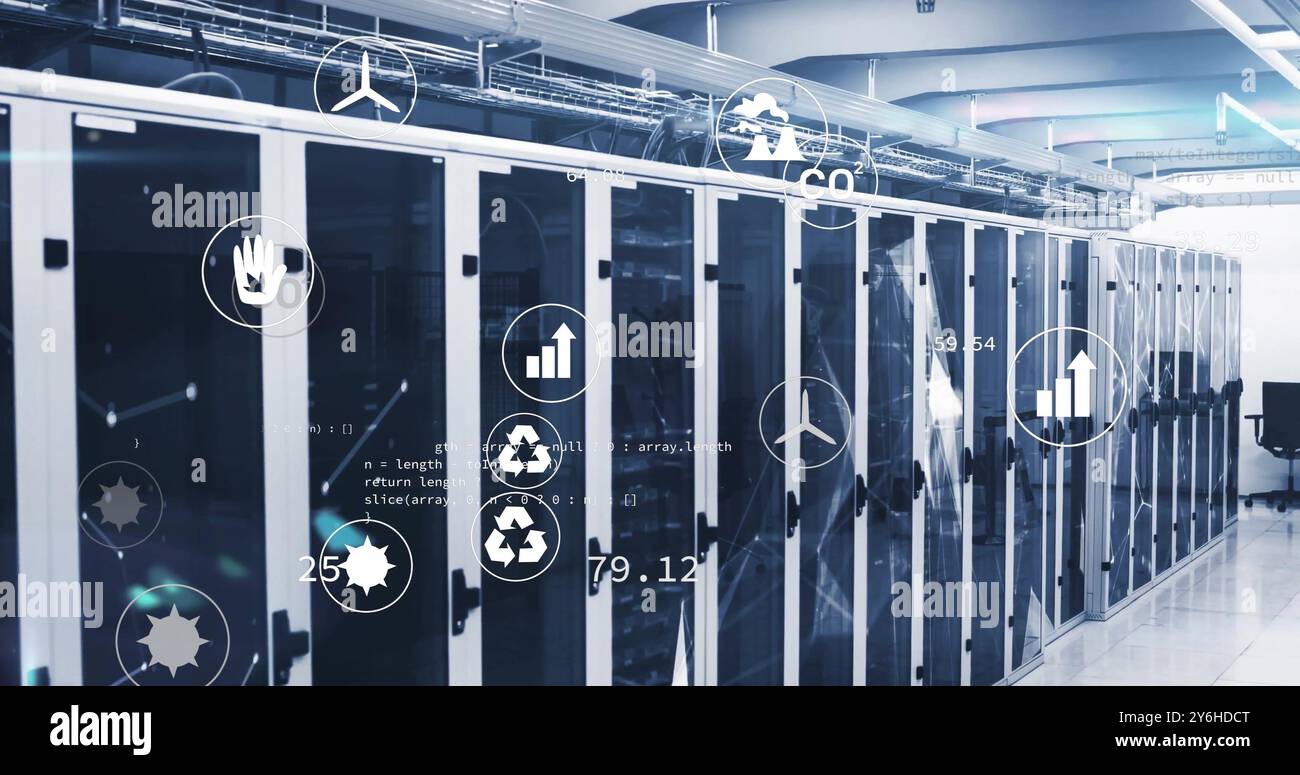 Image of ecology icons and data processing over server room Stock Photo
