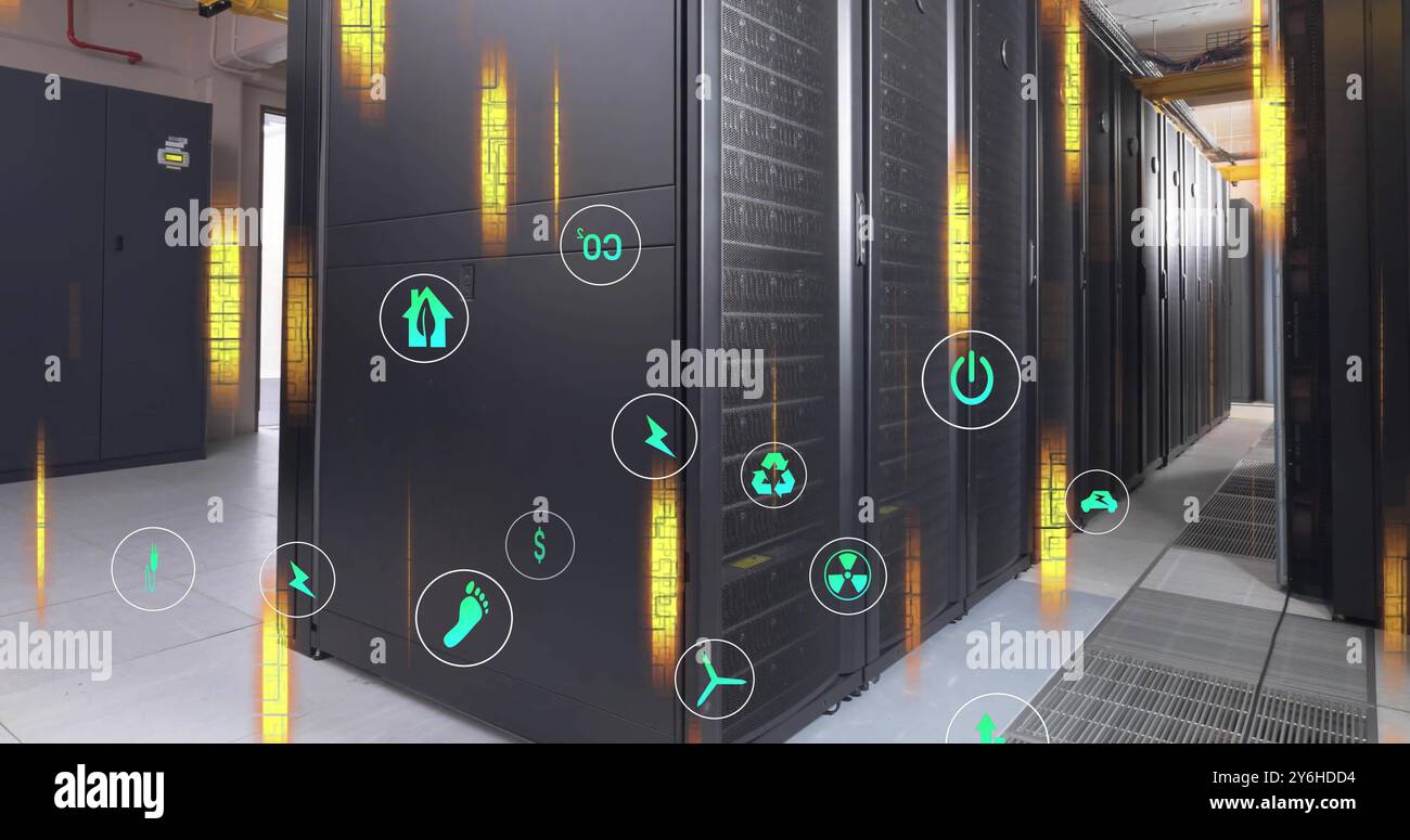 Image of ecology icons and data processing over server room Stock Photo