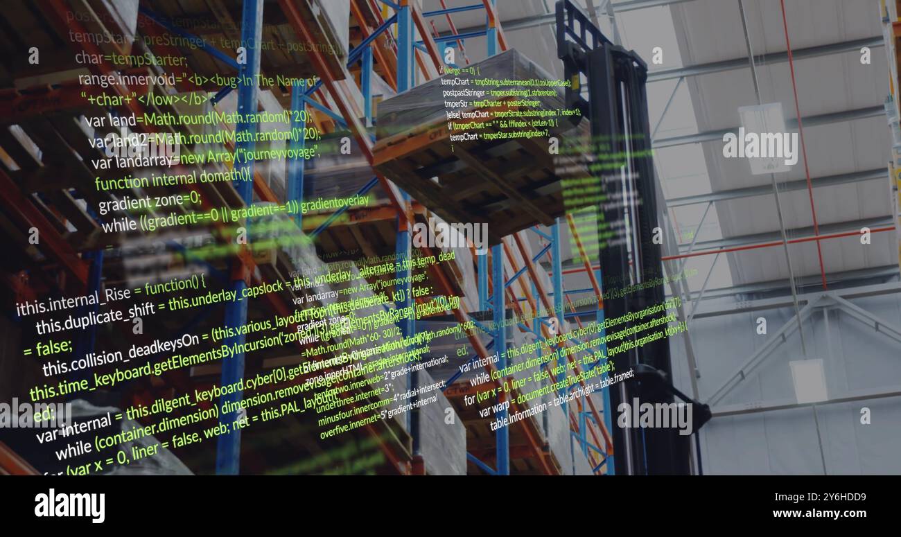Image of data processing over warehouse Stock Photo