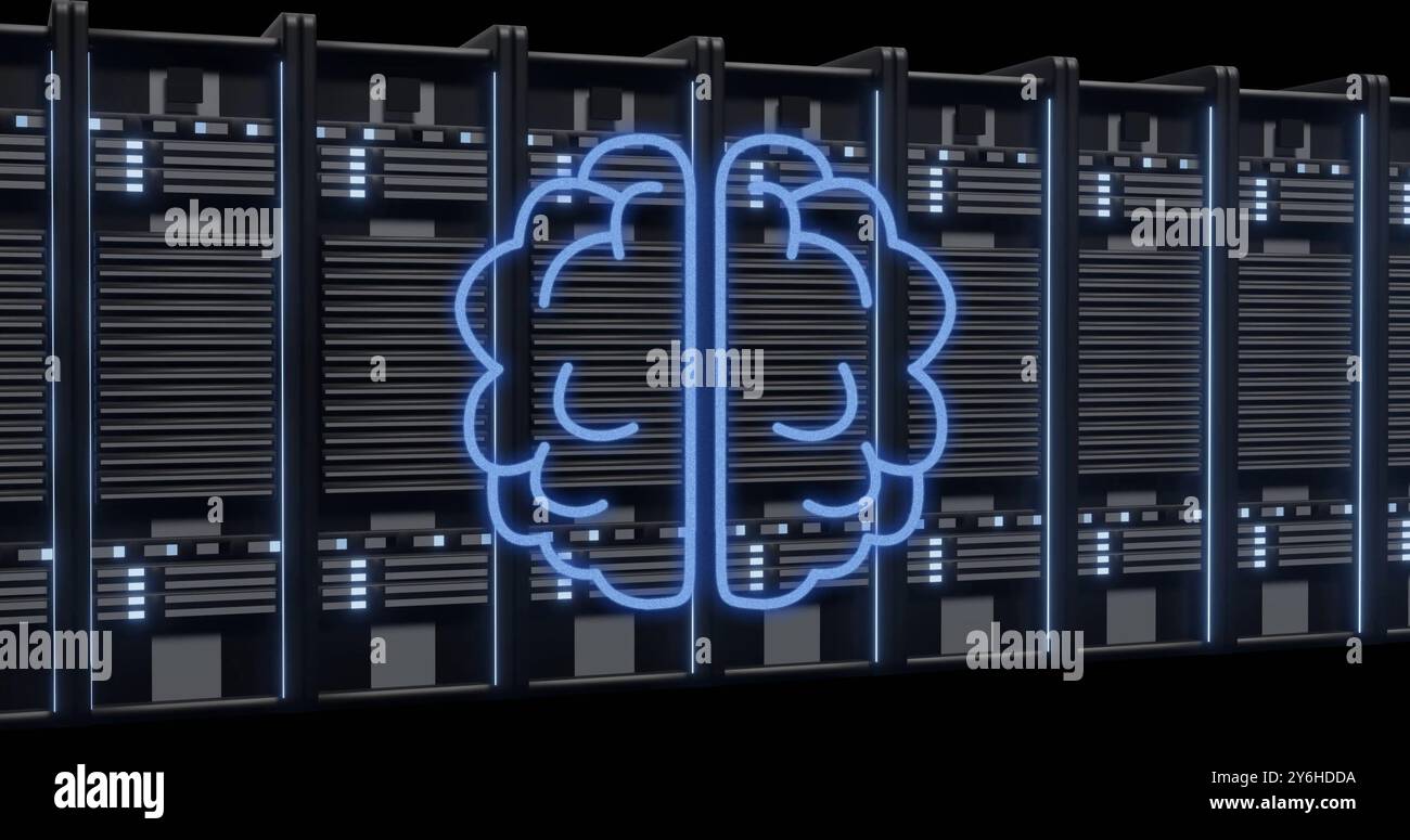 Image of ai brain and digital data processing over computer servers Stock Photo