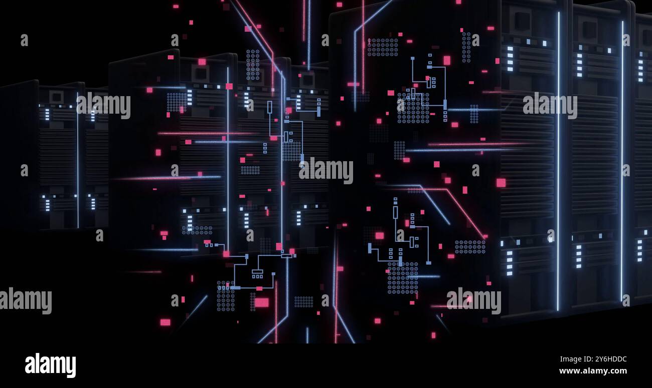 Image of circuit board and digital data processing over computer servers Stock Photo