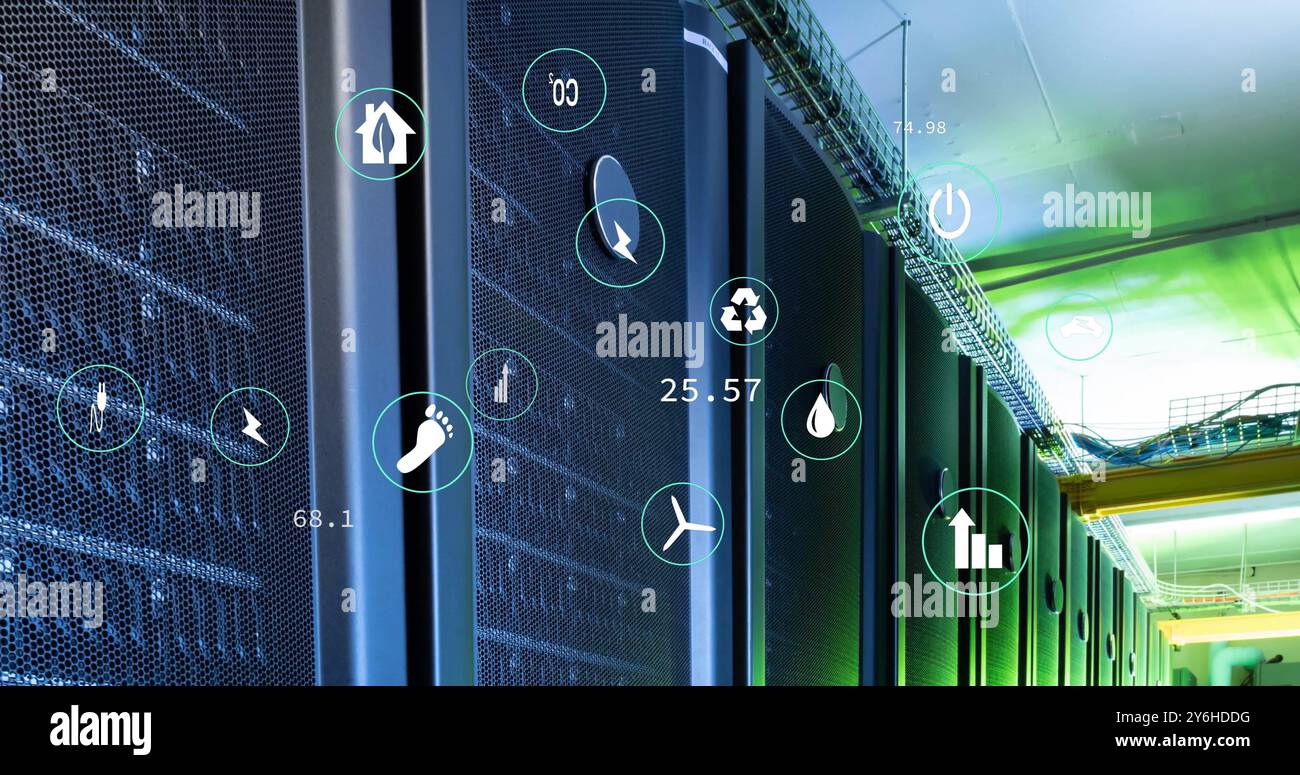 Image of ecology icons and data processing over server room Stock Photo