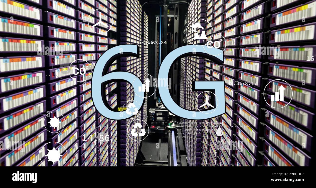 Image of ecology icons and data processing with 6g text over server room Stock Photo