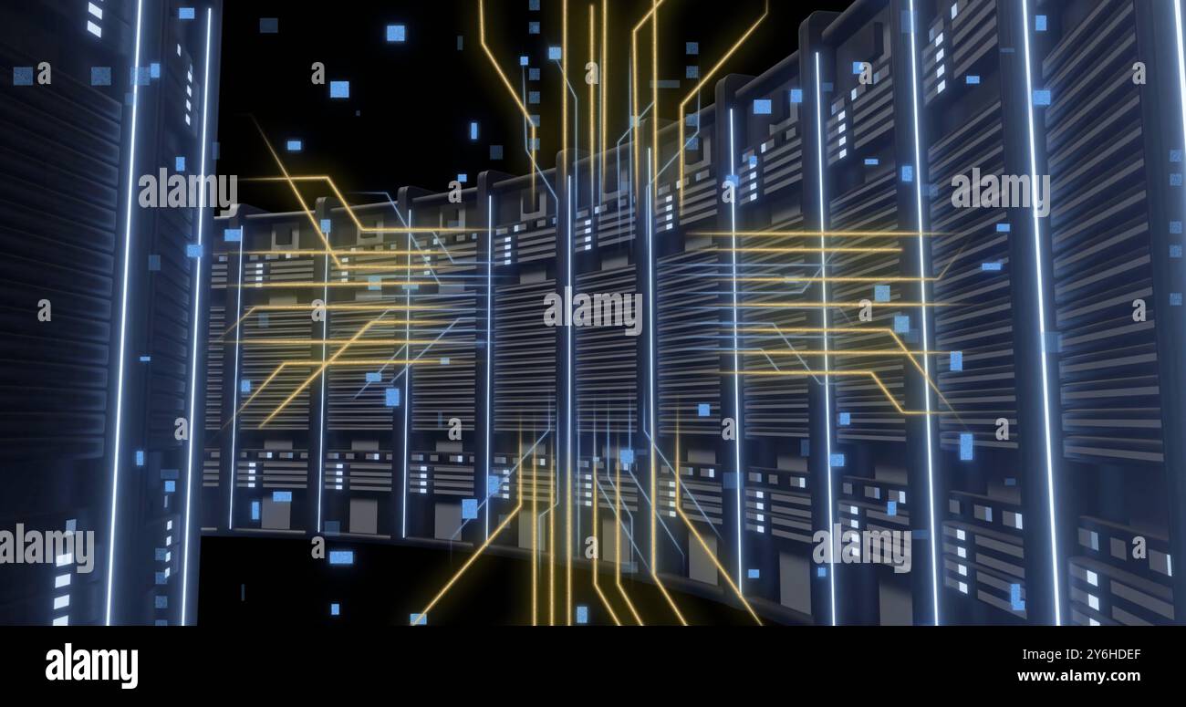 Image of circuit board and digital data processing over computer servers Stock Photo