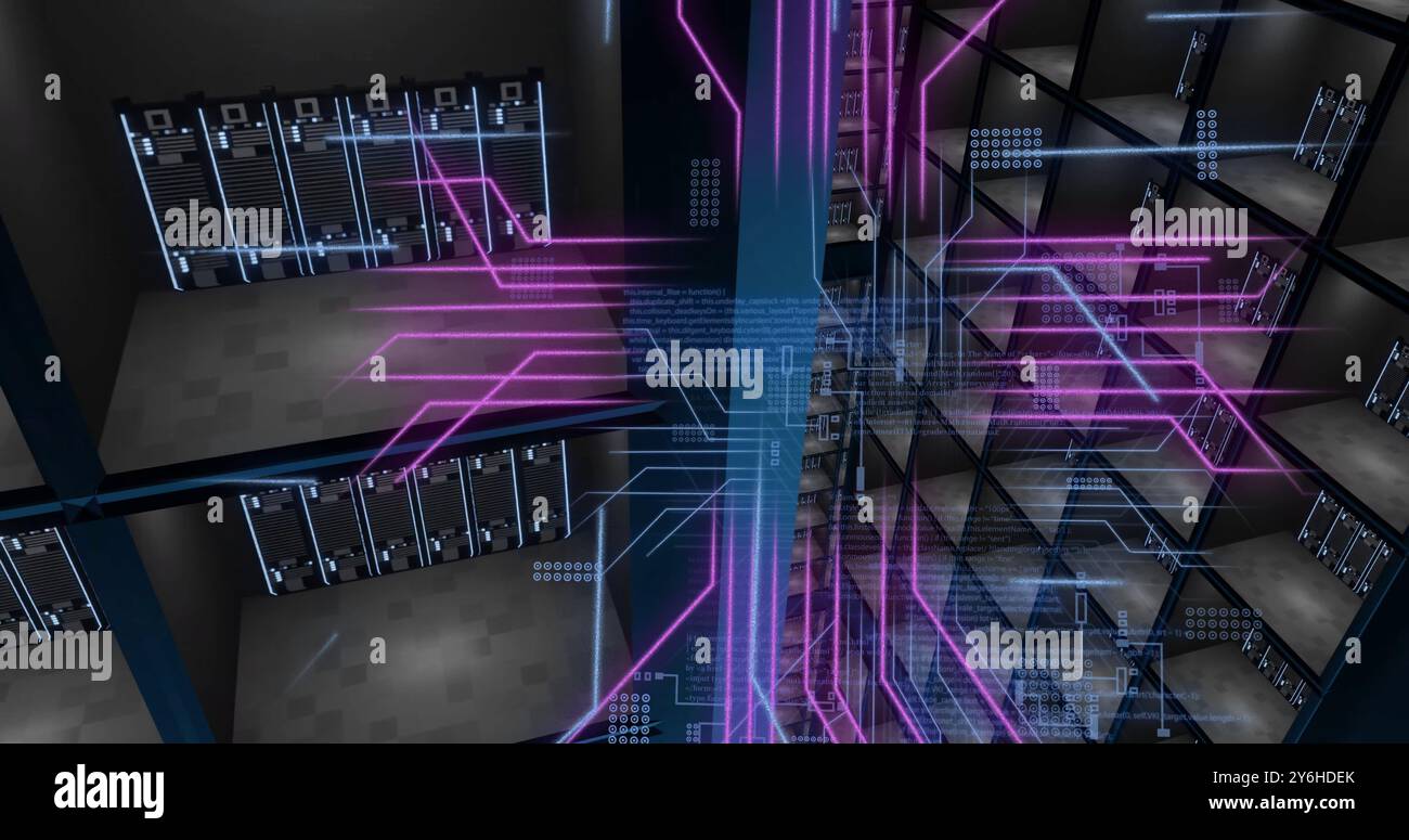 Image of circuit board and digital data processing over computer servers Stock Photo