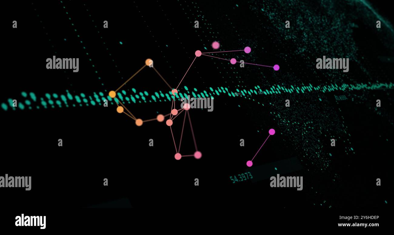 Image of data processing and network of connections over black background Stock Photo