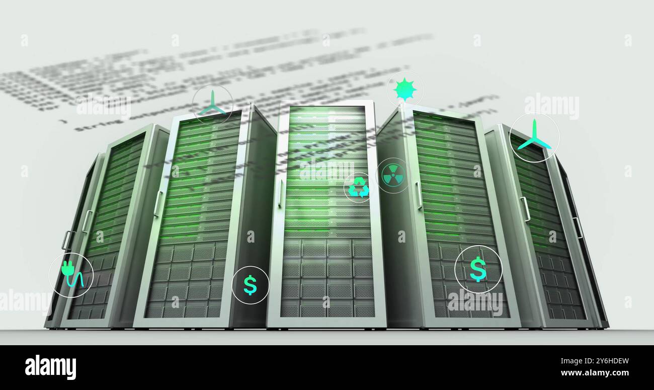 Image of ecology icons and data processing over server room Stock Photo