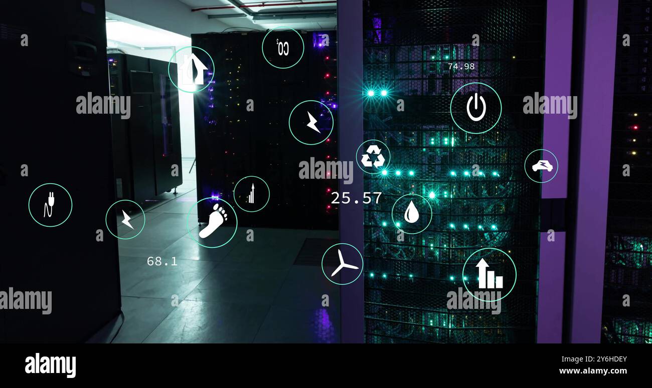 Image of ecology icons and data processing over server room Stock Photo