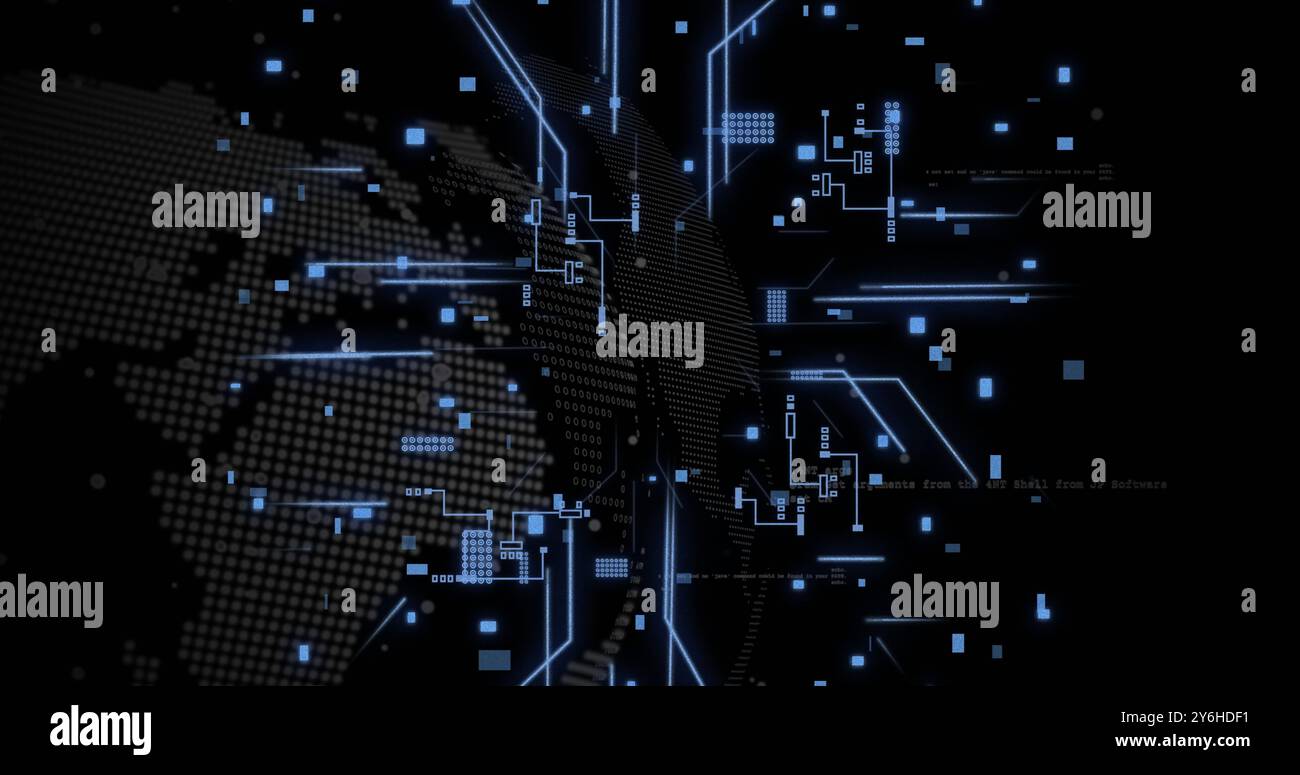 Image of circuit board and digital data processing over black background Stock Photo