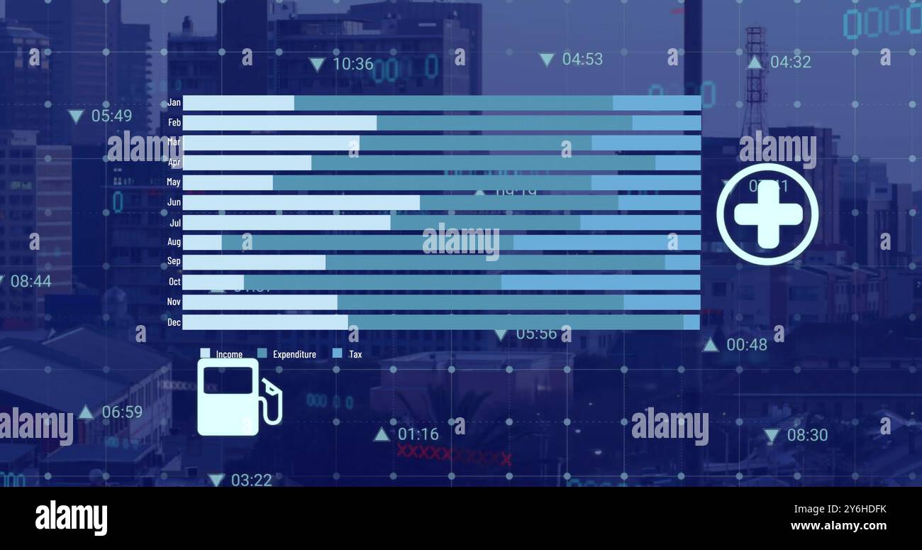 Image of data processing with icons over cityscape Stock Photo