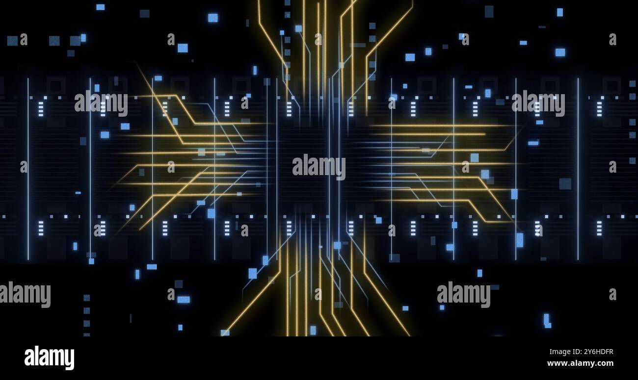 Image of circuit board and digital data processing over computer servers Stock Photo