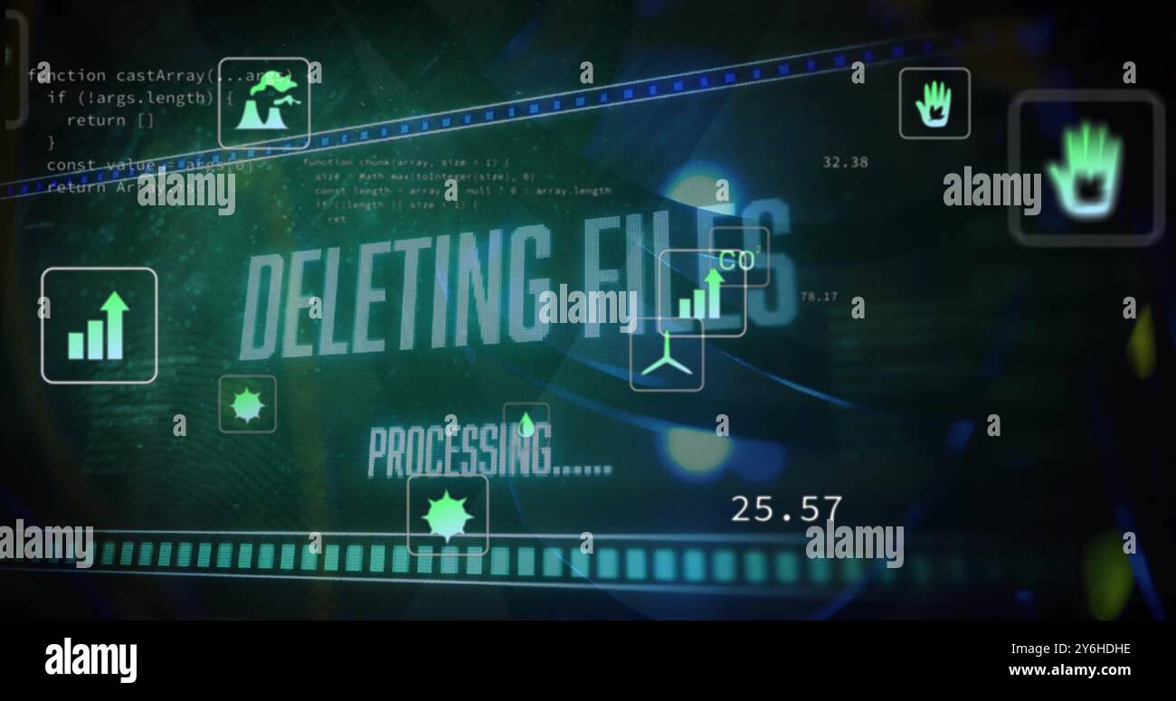 Image of ecology icons and data processing on black background Stock Photo