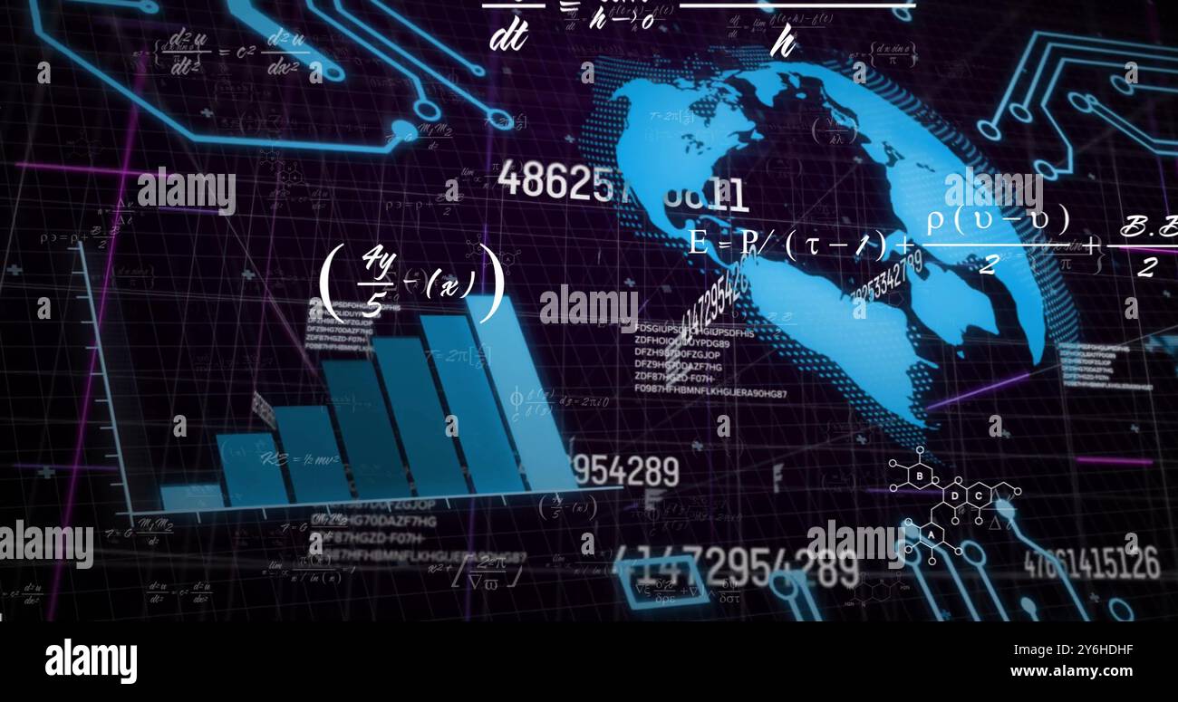 Image of mathematical equations, globe and data processing on black background Stock Photo