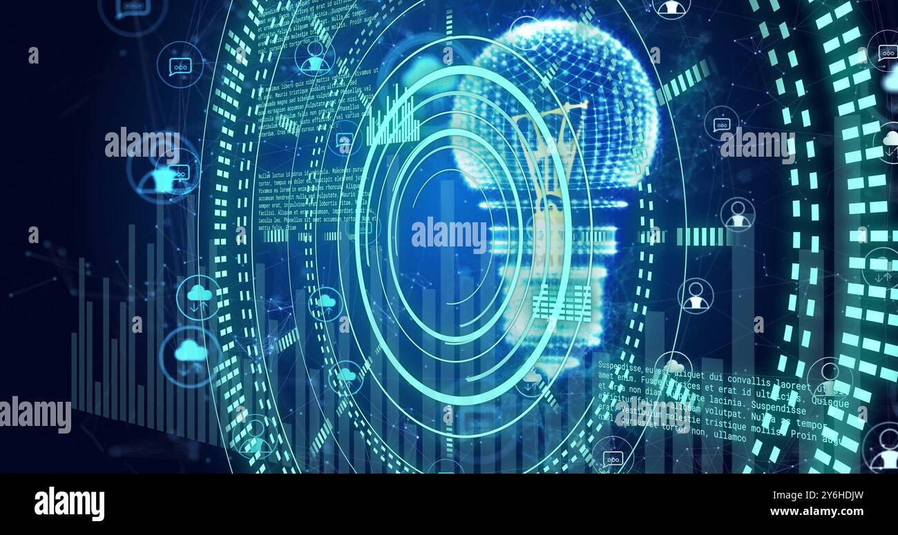 Image of circular scanner and data processing, light bulb and networks on dark background Stock Photo