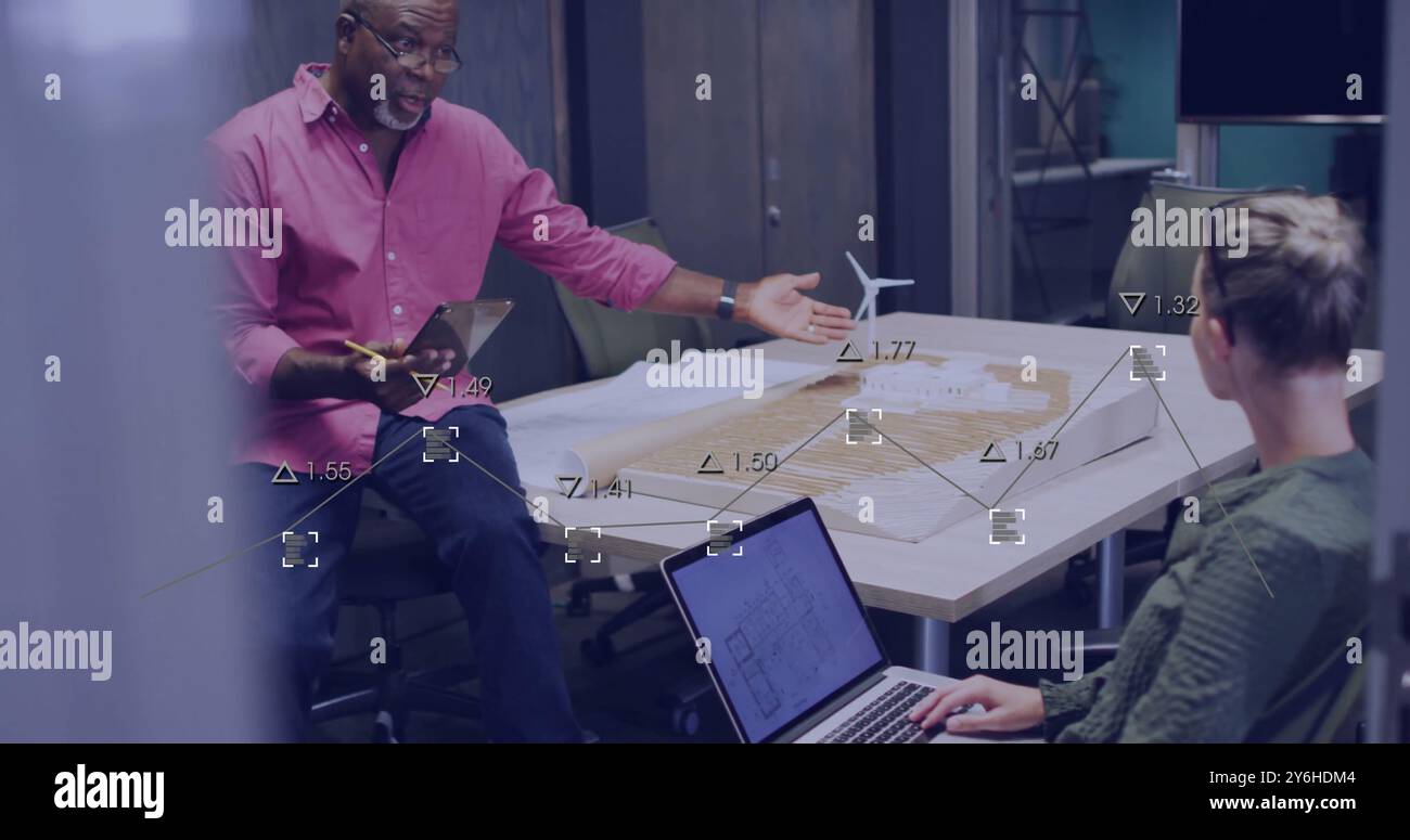 Image of data processing over diverse business people in office Stock Photo