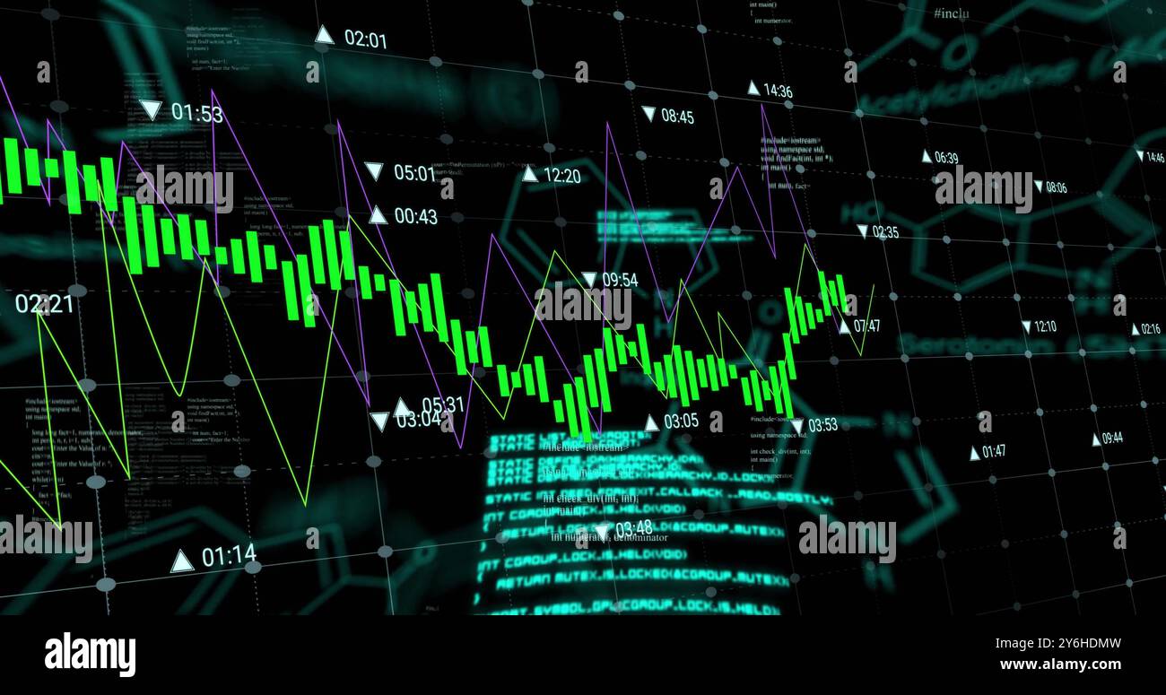 Image of green chart and data processing over networks on black background Stock Photo