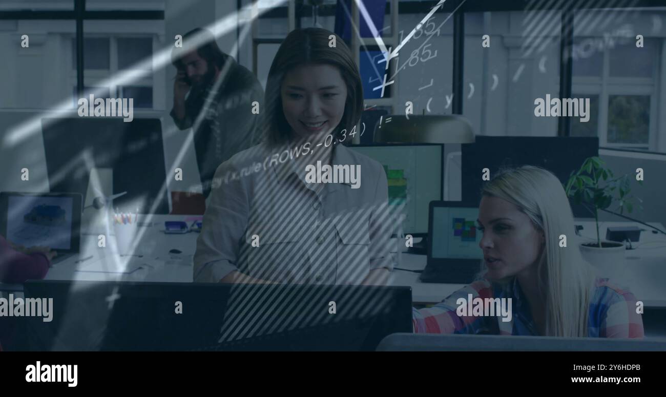 Image of financial data processing over diverse business people in office Stock Photo