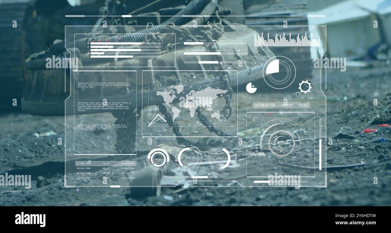 Data analysis and statistics image over industrial machinery in scrapyard Stock Photo